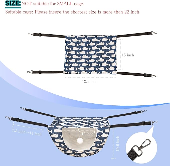 JSPYFITS Cat Cage Hammock with Ball,Double Layer Hanging Adjustable Soft Pet Bed Suit for Kitten Ferret Puppy Rabbit or Small Pet, 2 Level Indoor Bed for All Season(Blue Whale)