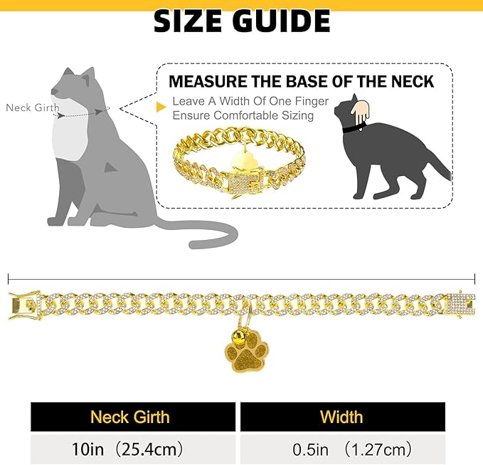 EXPAWLORER Cat Collar Chain,Diamond Gold Glitter Collar Walking Metal with Secure Buckle Link Cuban Pet Rhinestones Necklace Accessories with Paw Charm and Bell for Cats Dogs Kittens (10 Inch,Gold)