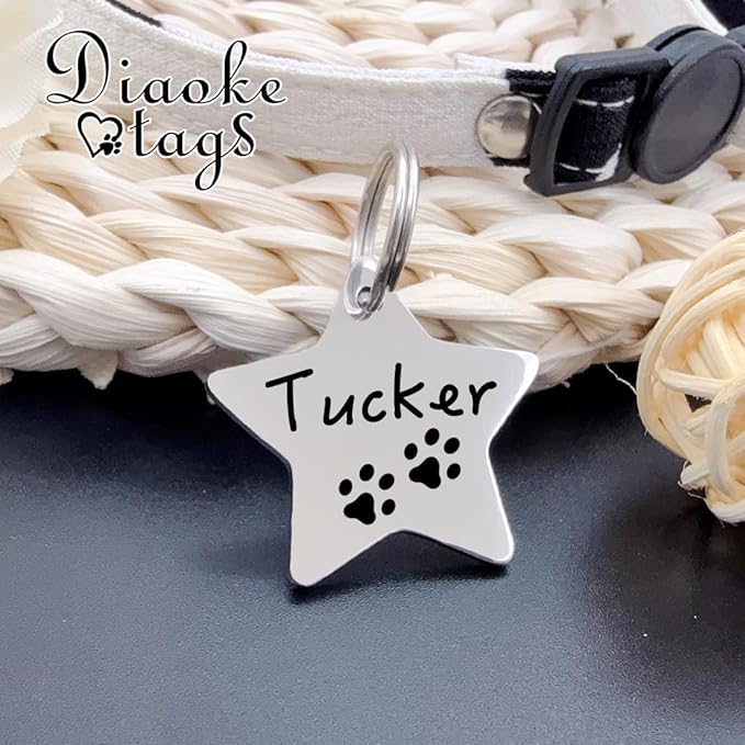 Stainless Steel Cat ID Tag Personalized Pet Tags with up to 4 Lines of Custom Text, Small Pet Mini Dog Cat Tag Lightweight, Engraved on Both Sides, Multiple Patterns Colors Size Options (Star Icon)