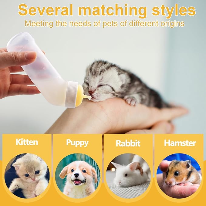 Kitten Nursing Nipple with Syringe, Wide Mouth Angled Puppy Feeding Bottles, with Ventilation Valve Resistant Tearing for Puppies, Kittens, Rabbit, Small Wildlife (S Nipple,Yellow)