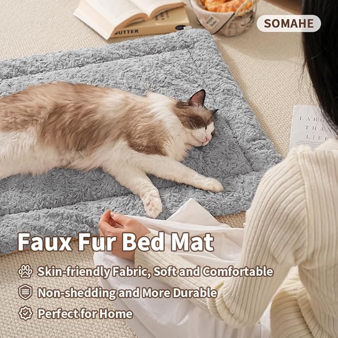 Self Warming Cat Bed Mat, Washable Self Heating Cat Mat, Extra Warm Thermal Pet Pad with Non-Slip Bottom, Soft Plush Faux Fur for Indoor Pet Sleep Cushion, 23x15 Inch Grey