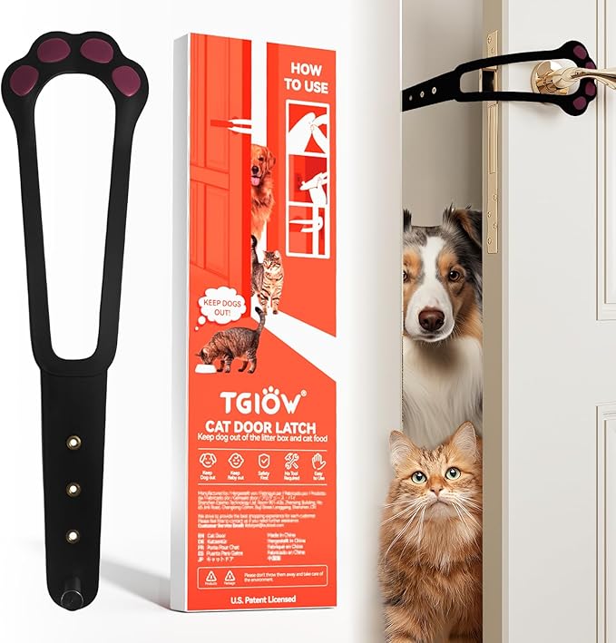 TGIOW Cat Door Latch, 1 Pcs Cat Door Stopper Pet Door Latch to Keep Dog Out of Litter Box and Food, Door Prop for Cat with 4 Adjustable Size Strap 2.2-5" Wide, No Measuring, Easy to Install, Black