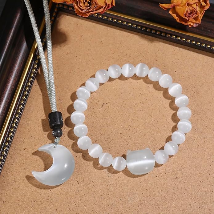 Black Obsidian Cat Bracelet and Moon Pendant Necklace Jewelry Set-Cat Lover Gifts,Wealth Attraction,Good Luck,Bead Bracelet,Mindfulness,Beaded Bracelets, Obsidian Pendant Necklace-Cute Gifts for Women