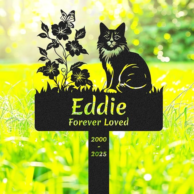 Custom Flowers Cat Memorial Grave Marker, Personalized Cat Memorial Stake Metal Pet Grave Marker for Cat, Customized Cat Memorial Memorial Plaque Cemetery Grave Plaque Yard Sign with Stake