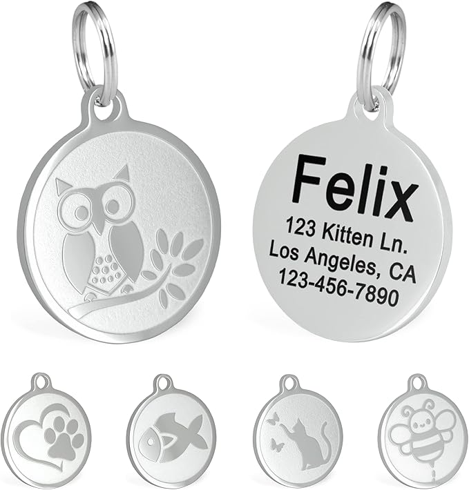 Ultra Joys Engraved Cat Name Tags Personalized - Stainless Steel Name Tag Pet Identification - Small Dog ID Tags Personalized for up to 4 Lines of Text - Pet ID Tags for Cat Collar - Owl