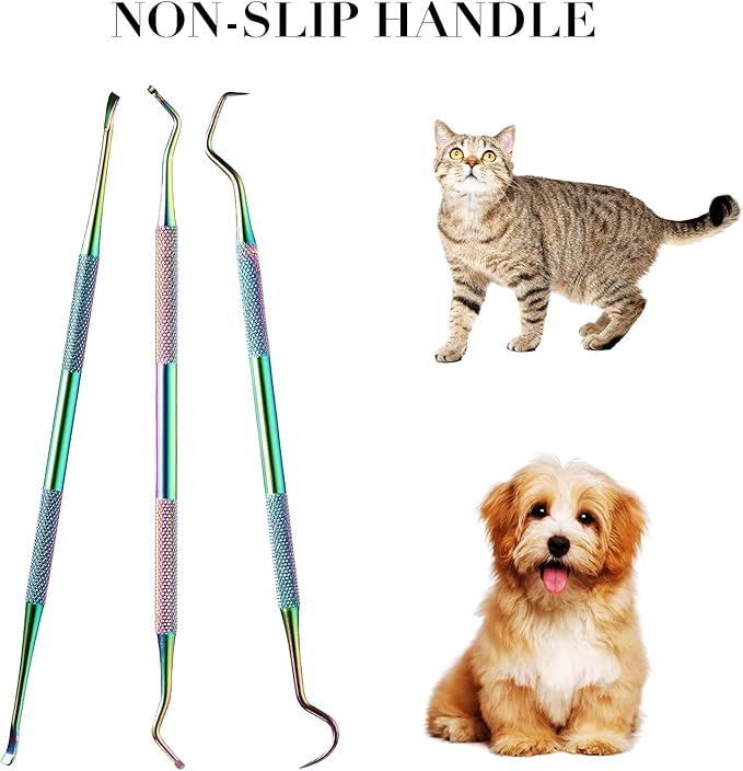 Hotop 3 Pieces Dog Dental Tooth Scaler and Scraper Stainless Double Headed Tarter Removing Tool Scraper Pet Teeth Cleaning Tools for Dog and Cat (Rainbow Color)