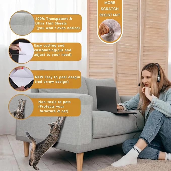 HappyFreeSX Couch Protector for Cats, 12 Pack Double Sided Sofa Anti Scratching Sticky Tape, Cat Scratch Deterrent Tape, Anti Cat Scratch Furniture Protectors from Cats
