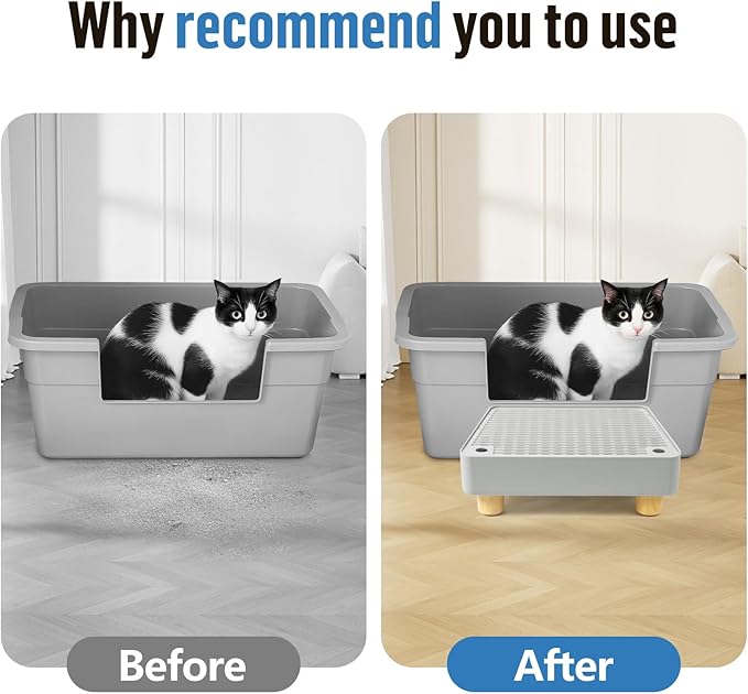 Extra Large Cat Litter Box Step Ramp, Cat's Litter Catcher Mat with Wooden Feet, Filter Function, Pedal Stool for Self-Cleaning Cat Litter Box, Ideal for Kitten & Elderly Cats (Light Grey)