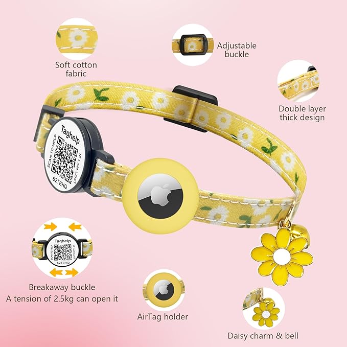 8-13in Airtag Cat Collar Lightweight and Comfortable, Bells & Flower Charm Collar Breakaway with Silicone with Apple Air Tag Holder Smart ID tag for Cats and Puppies(Purple)