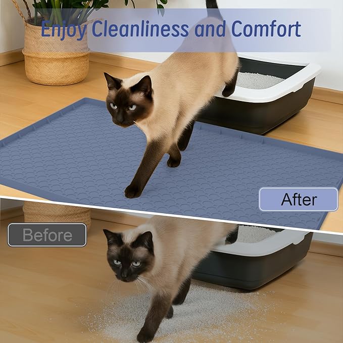 Silicone Large Cat Litter Mat 34" X 22", Cat Mat for Litter Box, Cats Litter Trapping Mat, Non-Slip and Waterproof, Raised Edges, Blue