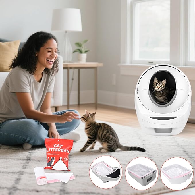 80 Count Thicken Cat Litter Box Liners Compatible With Automatic Cat Litter Box and Litter Box Robot 4 and 3,Heavy Duty Drawstring Kitten Litter Drawer Liners Disposable 25" x 16"