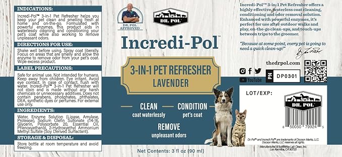 Dr. Pol Incredi-Pol 3-in-1 Pet Refresher | Waterless Coat Cleaner & Conditioner | Pet Odor Eliminator | Fine Mist Spray for Dogs & Cats | Freshens, Cleans & Softens Fur | 3 oz | Lavender