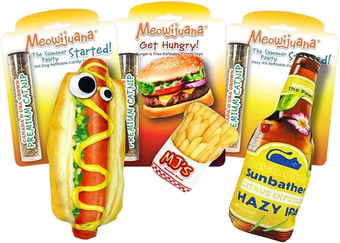 Meowijuana Refillable Cat Toys | Grill ‘n’ Thrill - 3 Pack Catnip Toys | Includes Potent Hand Harvested Catnip Grown in North America | Promotes Play and Cat Health