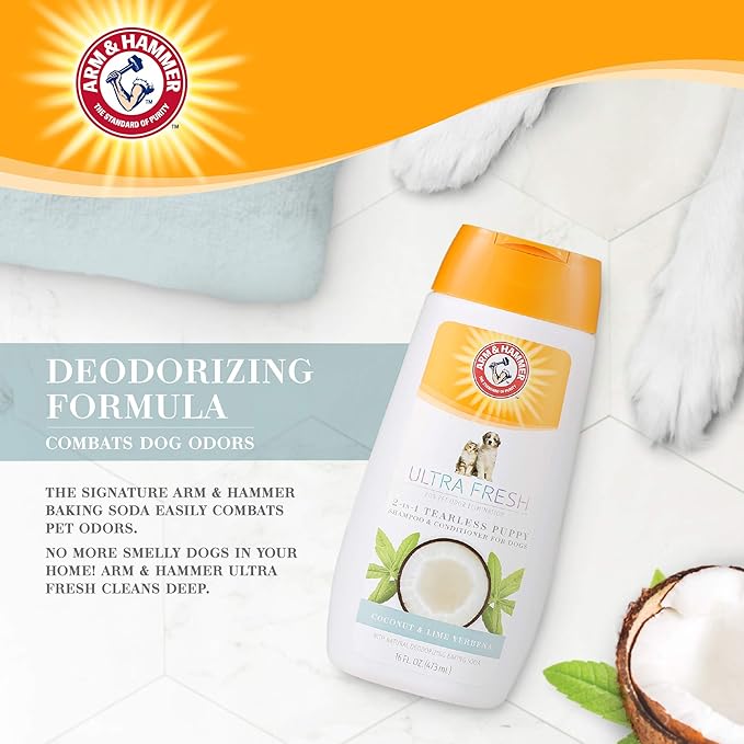 Arm & Hammer Ultra Fresh Tearless Puppy Shampoo and Conditioner 2 in 1 with Baking Soda Deodorizer, Gentle Pet Wash for Odor Control, Puppy Bath, Coconut & Lime Verbena Scent, 16 Fl Oz