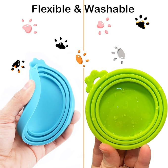 Cat Food Can Covers Lids & White Spoon, Pink/Orange/Sky Blue Lids, Can Covers for Dog/Cat Food Cans, Fit 3 Standard Size Pet Food Cans, Spoon with Opener Paw & Mini Spatula