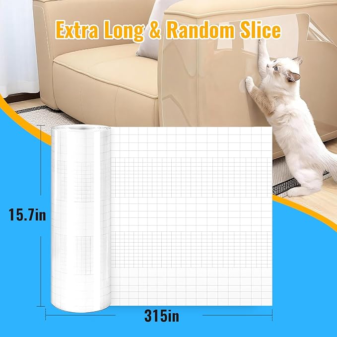 Anti Cat Scratch Furniture Protector, 315" x 15.7" Single Side Sticky Cat Couch Protector for Cloth Fabric Sofas, Large Roll Transparent & Cuttable Cats Scratch Deterrent Tape