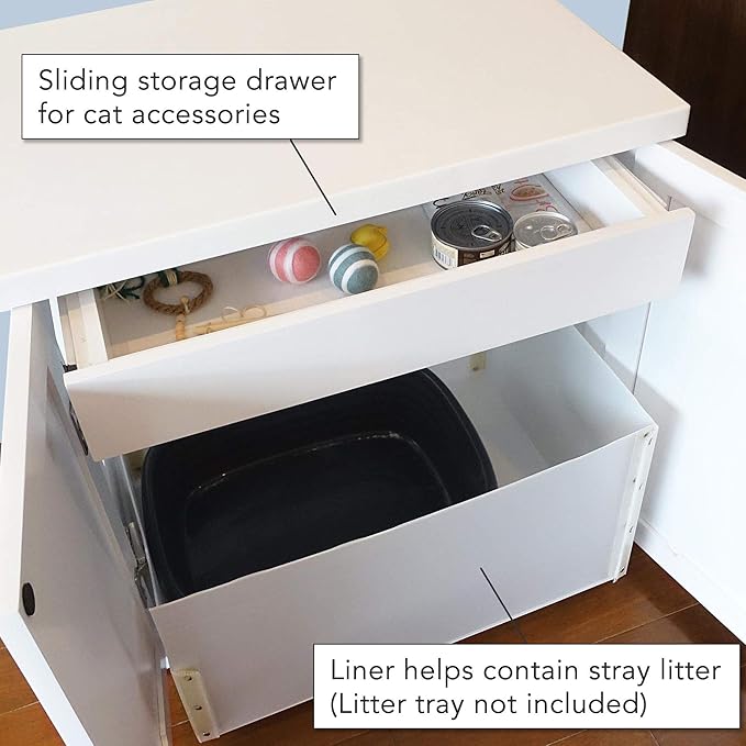 THE REFINED FELINE Cat Litter Box Enclosure Cabinet, Modern, White, Tulip Feet, Large, Hidden Litter Cat Furniture with Drawer