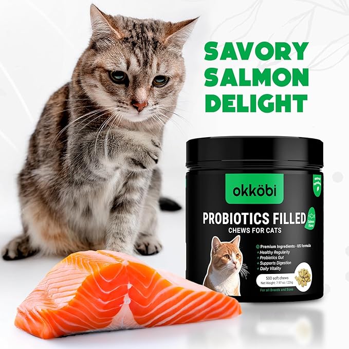 Probiotics for Cats Chews 500PCs - Digestive, Gut Health & Diarrhea Support - Probiotic Chews for Feline - Crunchy & Creamy with Cat Probiotics, Enzymes & Natural Ingredients - Salmon