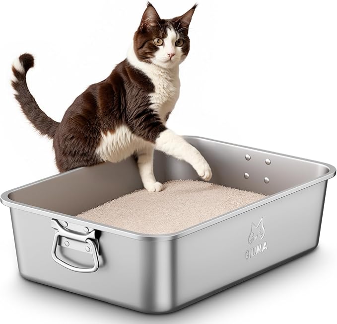 Stainless Steel Litter Box with Handle, Metal Cat Litter Box with High Sides, Odor-Free, Non-Stick, Easy to Clean, 17.5"×13.6"×5.9", Popular Choice for Small to Medium Cats