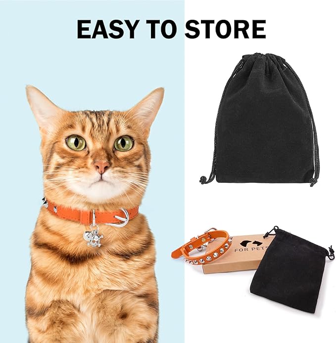 Leather Cat Collars for Boy Girl Cats with Bell and Safety Elastic Belt, Personalized Rivets Stud Adjustable Safe Buckle Collar with Skull Charm for Kitty Small Pets, Halloween Cat Collar