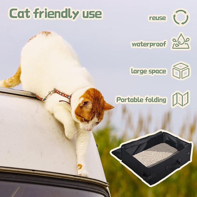 Portable Travel Litter Box for Cats, Foldable Cat Litter Box with Zipped Lid - Waterproof & Leak-Proof Collapsible Tray for Car, Hotel, Camping