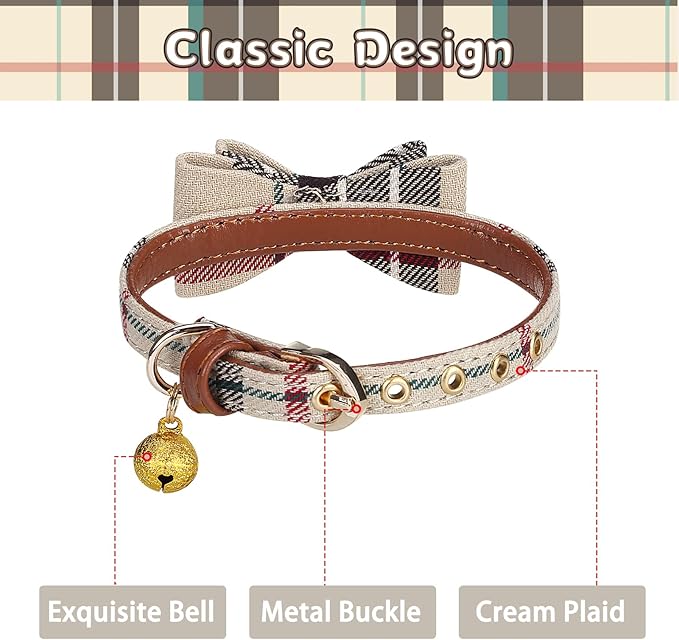 PUPTECK Puppy Collar with Bell XXS Dog Collar Charm Adjustable Bowtie Soft Leather for Cats Kittens Extra Small Dogs 2 Packs