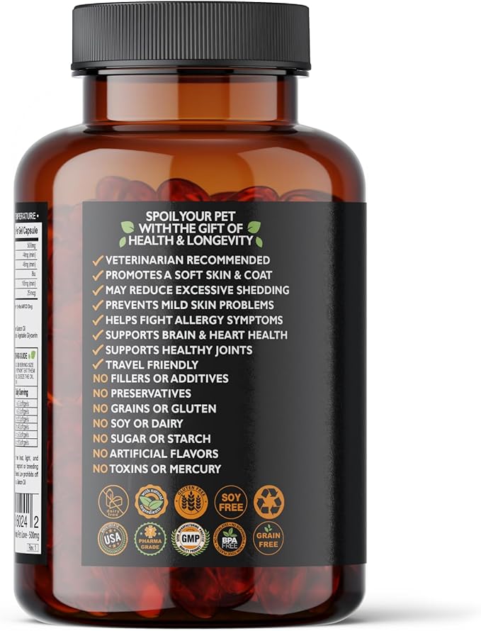 Best Paw Nutrition - Pure Salmon Soft Gels for Dogs & Cats - Omega 3 Capsules Supplement - Skin & Coat, Eyes, Heart Health - Joint Support Vitamins Pets Love - 500mg