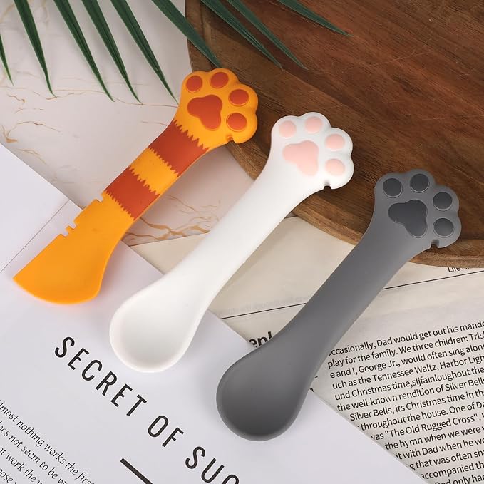 TOYMIS 3 Pcs Dog Cat Food Spoon, Adorable Paw Scoop for Wet Dry Food Silicone Can Opener Multifunctional Pet Spatula & Mixing Tool for Cat Dog Supplies (White, Orange, Dark Grey)