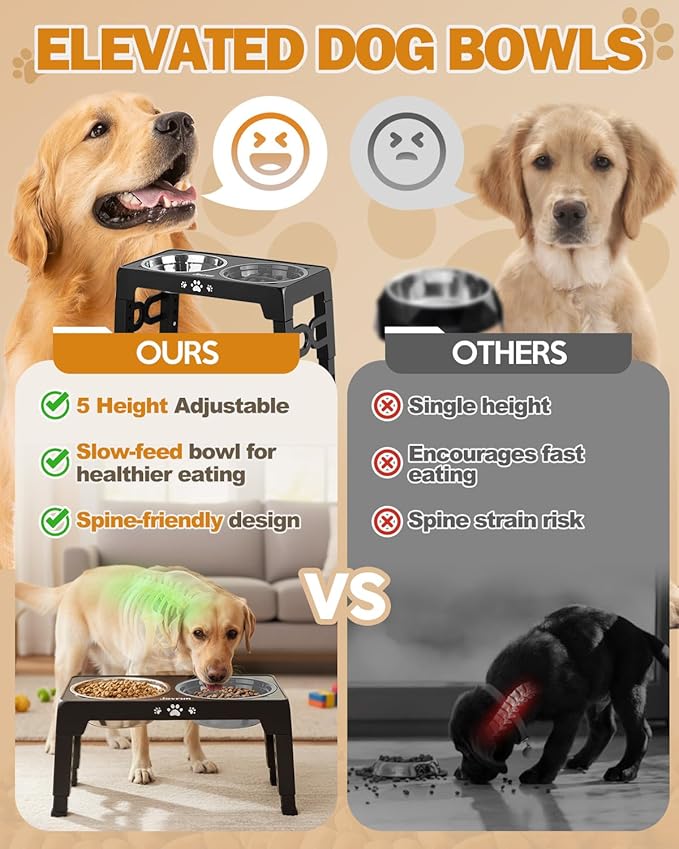 Elevated Dog Bowls for Medium Size Dogs with Mat, Non-Slip Dog Feeder with 1*Stainless Steel Dishes & 1*Slow Feeder Bowl, 5 Heights Adjustable Raised Bowls for 3.15″-8.66″-9.84″-11.02″-12.2″