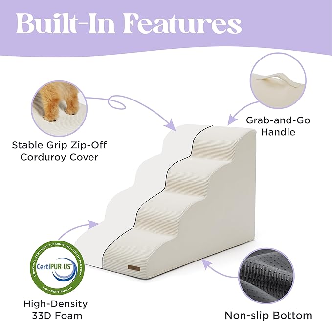 Lesure Dog Stairs for Small Dogs Pet Steps Ramp for High Bed and Couch with CertiPUR-US Certified Foam with Non-Slip Bottom, Beige, 4 Steps