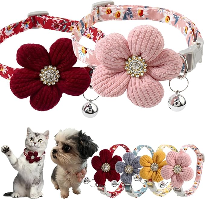 Cute Small Dog Collar with Flower, 2 Pack Puppy Collar for Girl Dog Collars for Small Dogs Floral Kitten Collar with Bell for Tiny Little XXS XS Extra Small Female Pets Cats Dogs, XSmall