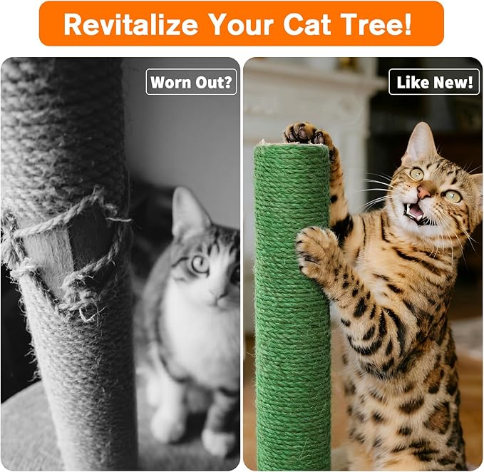 4 Pack Cat Scratching Post Replacement, 11.8 x 2.7 Inch Sisal Poles with M8 Screws, Refill Parts for Indoor Cat Towers and Furniture Repair-Green