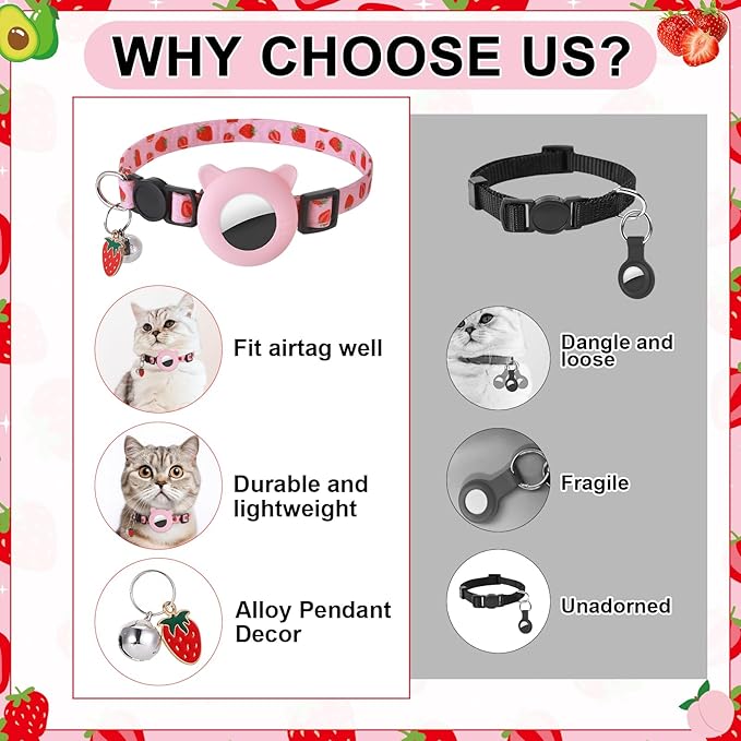 3 Pack Airtag Cat Collar Breakaway Fruit Cat Collars with Air Tag Holder, Bells and Fruit Charms Adjustable Safety Kitten Collars for Girl Boy Cats