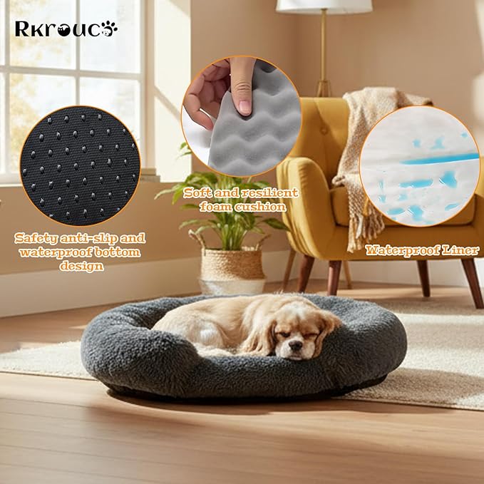 Fluffy Dog Bed Calming Donut Beds for Large Dogs Warming Round Small Medium Pet Nest Cozy Cat Mattress Indoor Washable Puppy Kennel Kittens Sleep Mat (M, 27.5×27.5 inch, Dark Gray)