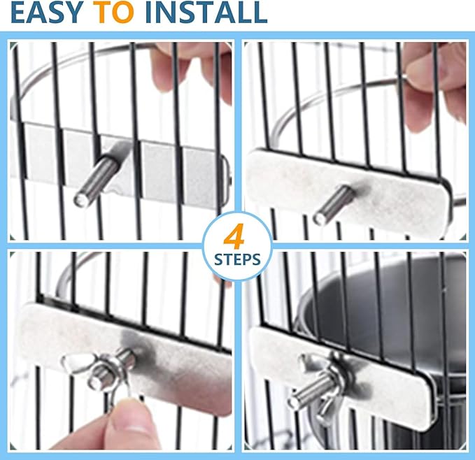Stainless Steel Bird Feeding Bowls, 2Pcs Small Bird Feeding Cup with Holder, Parrot Food Bowl Cage Water Feeder, Pet Cage Cup Holder for Parrots, Canaries, Hamsters (Dia 7.09", 6.3")