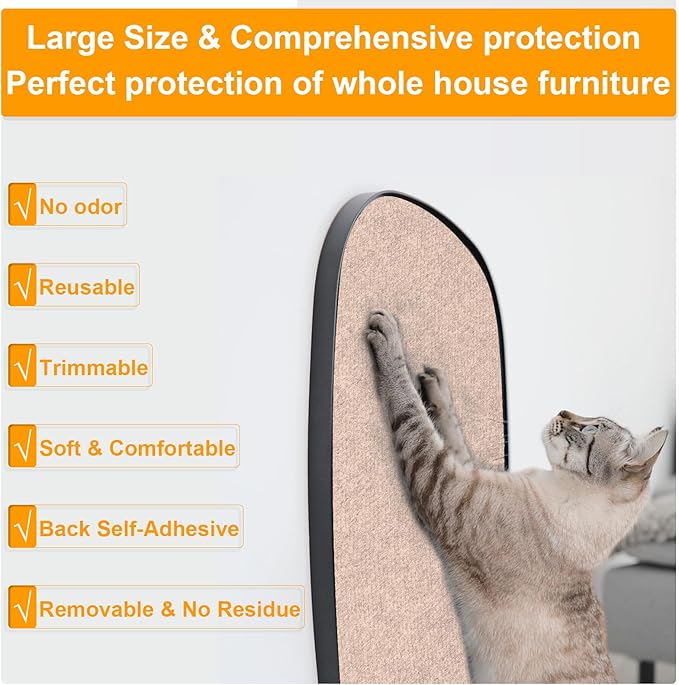Cat Scratching Mat, Self-Adhesive Cat Scratch Furniture Protector, Trimmable DIY Cat Wall Climbing Carpet, Cat Couch Protector, Cat Scratching Pad Replacement (Khaki, 39.4"x15.8")