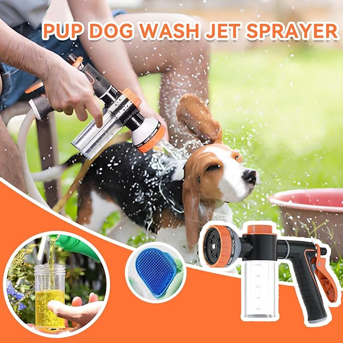 Pup Dog Wash Garden Hose Nozzle with Soap Dispenser for Car Washing, 10 Sprayer Pattern Dog Washing Hose Attachment Outdoor Use Dog Shower Attachment with Dog Brush for Pet Shower