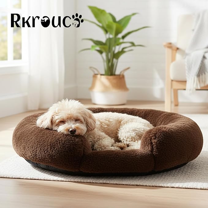 Fluffy Dog Bed Calming Donut Beds for Large Dogs Warming Round Small Medium Pet Nest Cozy Cat Mattress Indoor Washable Puppy Kennel Kittens Sleep Mat (M, 27.5×27.5 inch, Brown)