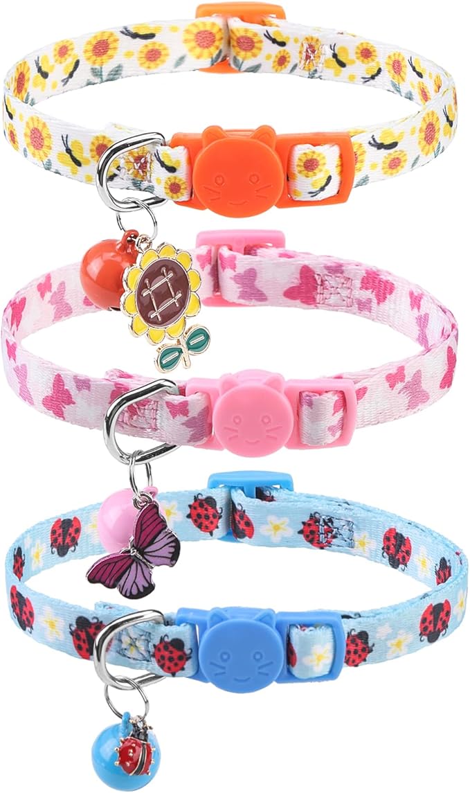 SCENEREAL Breakaway Cat Collar with Bells, 3 Pack Spring Pink Cats Collars with Safety Buckle, Soft Adjustable Cute Kitten Puppy Personalised Summer Collars for Dogs Girl Boy