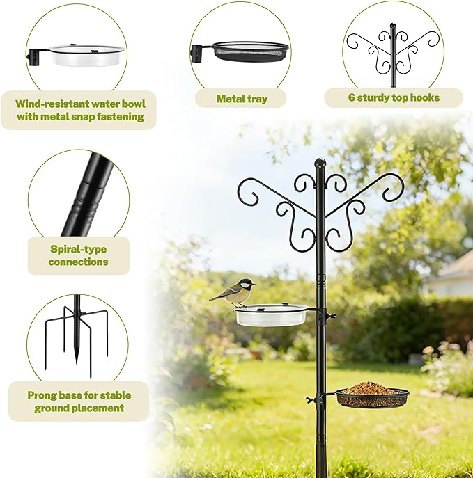 Bird Feeding Station,Heay Duty Bird Feeder Pole with Upgraded Thickened Pole & 5-Prong Base,Hanging Hooks,Mesh Tray,Water Bowl w/Metal Snap Fastening,Wind-Resistant Wild Bird Feeding Kit for Outdoors