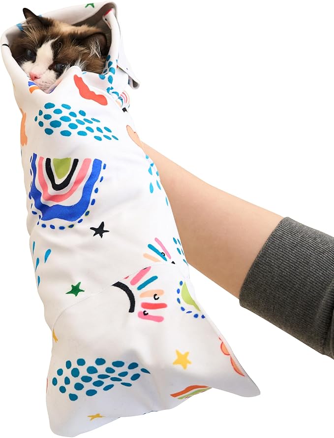 27.6'' Cat Grooming Wrap for Cutting Nails Self-Adhesive Soft Polyester Fabric Swaddle Wrap for Cats Anti-Scratch Anti-Escape Restraint for Nail Clipping Pet Cleaning and Beauty (Rainbow,XL)