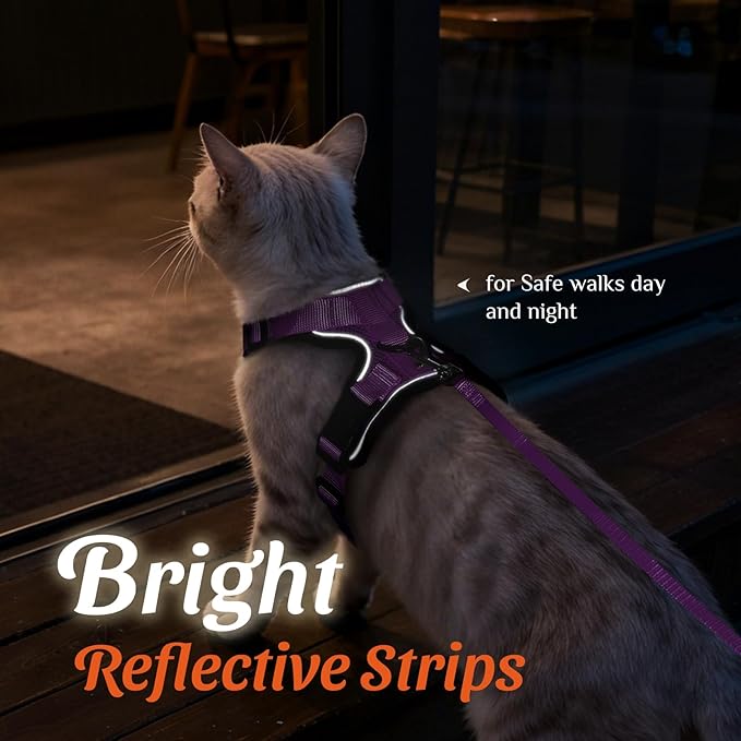 Dooradar Cat Harness and Leash Set, Escape Proof Safe Adjustable Kitten Vest Harnesses for Walking, Easy Control Soft Breathable Mesh Jacket with Reflective Strips for Cats, Purple, XXS
