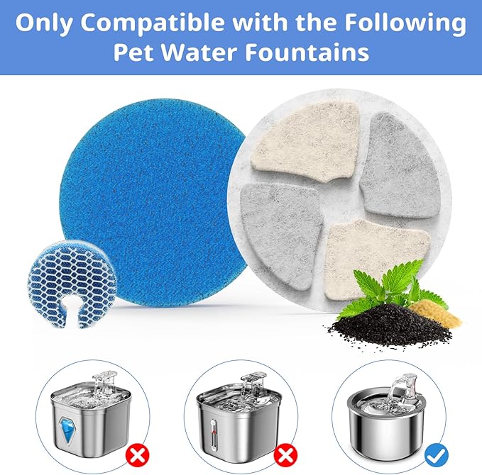 Stainless Steel Cat Water Fountain Filters, 5 Pack Replacement Filters Fit for Round 2L/67oz Automatic Pet Fountain, Filter with Triple Filtration System (5+5+5)