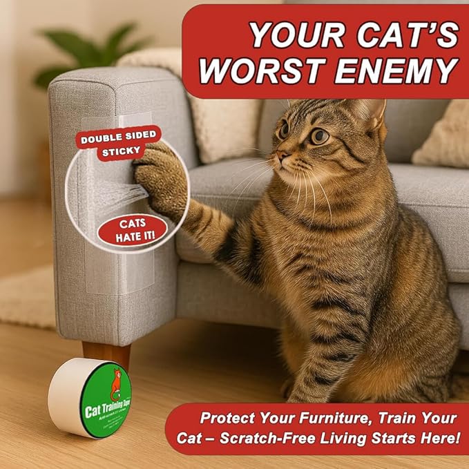 Anti-Scratch Tape for Furniture - Stop Cats from Scratching Couch, Chair Corners, Door Frames, Countertops, and Carpets, Clear Double-Sided Cat Training Tape, 2.5" x 16 Yards Roll