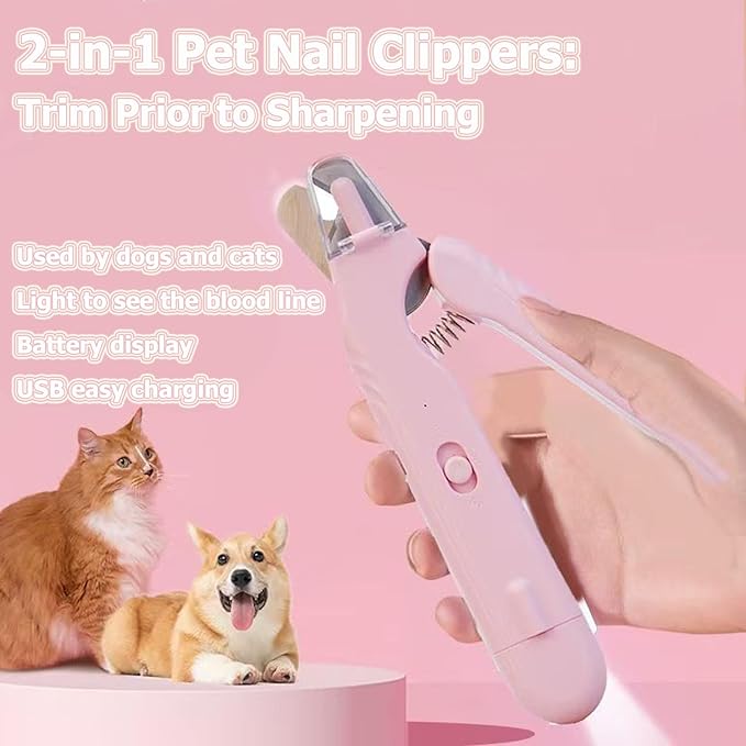 2 in 1 Cat Nail Grinder & Dog Nail Clippers, Rechargeable and Electric Pet Trimmers, LED Lighting, Painless and Quick Nail Filing, Suitable for Kittens, Puppies and Large Dogs (Pink)
