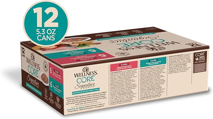 Wellness CORE Signature Selects Flaked Adult Wet Cat Food, Natural, Protein-Rich, Grain Free, 5.3 Ounce, 12 Pack (Seafood Variety Pack)