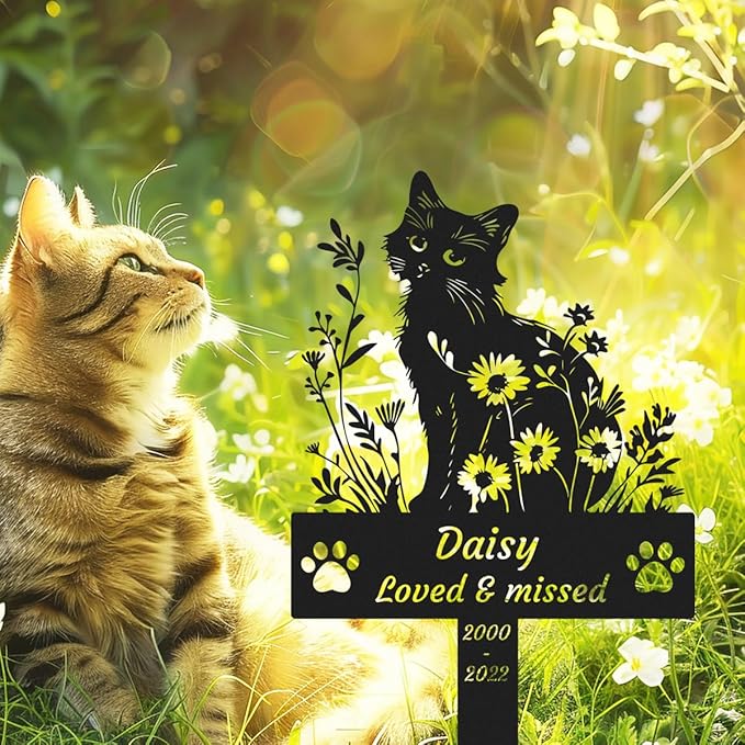 Personalized Flowers Cat Memorial Stake Grave Marker, Custom Pet Cat Memorial Grave Marker Stake with Paws, Customized Cat Garden Stake Memorial Metal Sign Remembrance Yard Burial Stake
