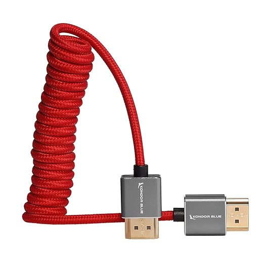 KONDOR BLUE | Ful HDMI 2.0 Type A Male to Male 12"- 24" Coiled Braided Cable | 4K 60Hz 18Gbps, HDR, 3D, Reinforced | for On-Camera Monitors & Recorders + More | Red