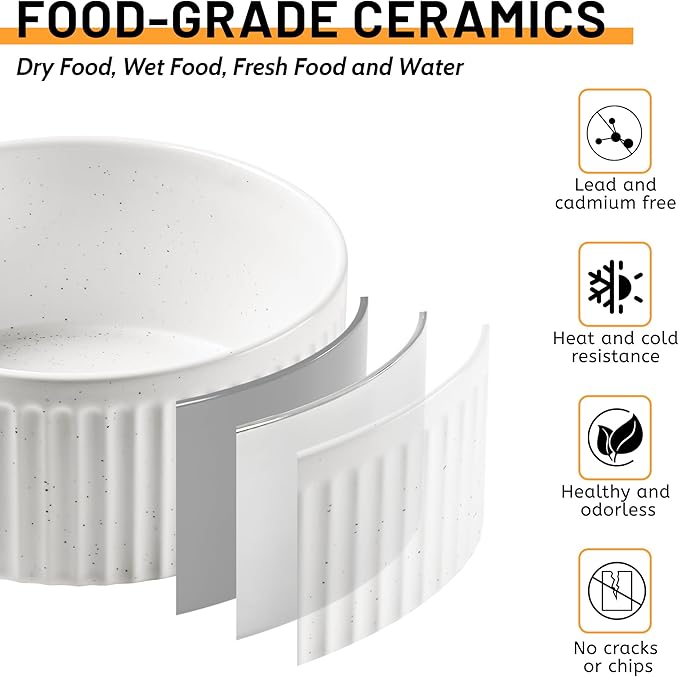 Non-Slip Ceramic Dog Bowls,8" Dog Food and Water Bowl Set with Silicone Base, 64oz/8cups Weighted Flip-Proof Pet Feeding Bowl for Medium and Large Dogs (Large,White)