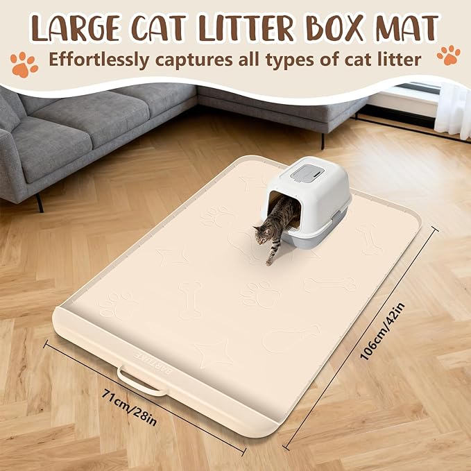 Silicone Cat Litter Mat with Collection Pocket, 42" x 28" Large Cat Litter Box Mat Waterproof Anti-Slip Litter Trapping Mat with Edge and Handle Pet Placemat for Floors (Beige)